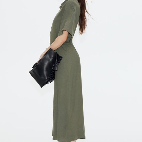 H&M Tie-belt Shirt Dress Olive Green Small - Picture 3 of 8